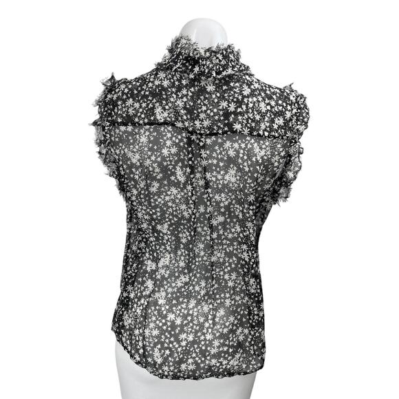 7 For All Mankind Black Floral Ruffle Sleeveless Button Sheer Cami Blouse Top XS - Picture 2 of 4